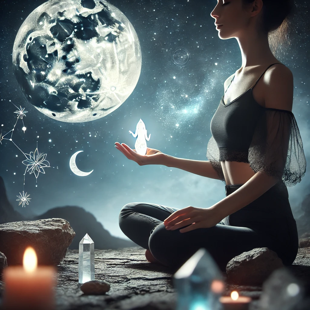 Magical woman holding moon spirit.